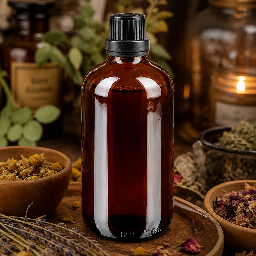 Lékárenská lahvička hnědá 100ml kapací uzávěr prémiový 2mm černý tamper-evidentní uzávěr. Apothekerflasche 100ml Braunglas mit OV-Verschluss für Tinkturen Hydrolate und ätherische Öle