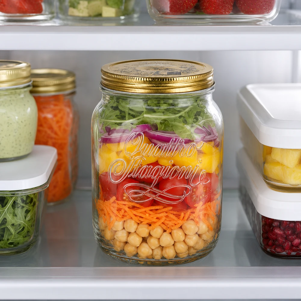 2000ml kulatá sklenice "Quattro Stagioni" s víčkem Quattro Stagioni 2L Glas mit Schichtsalat im Kühlschrank - perfektes Meal Prep Vorratsglas für frische Salate