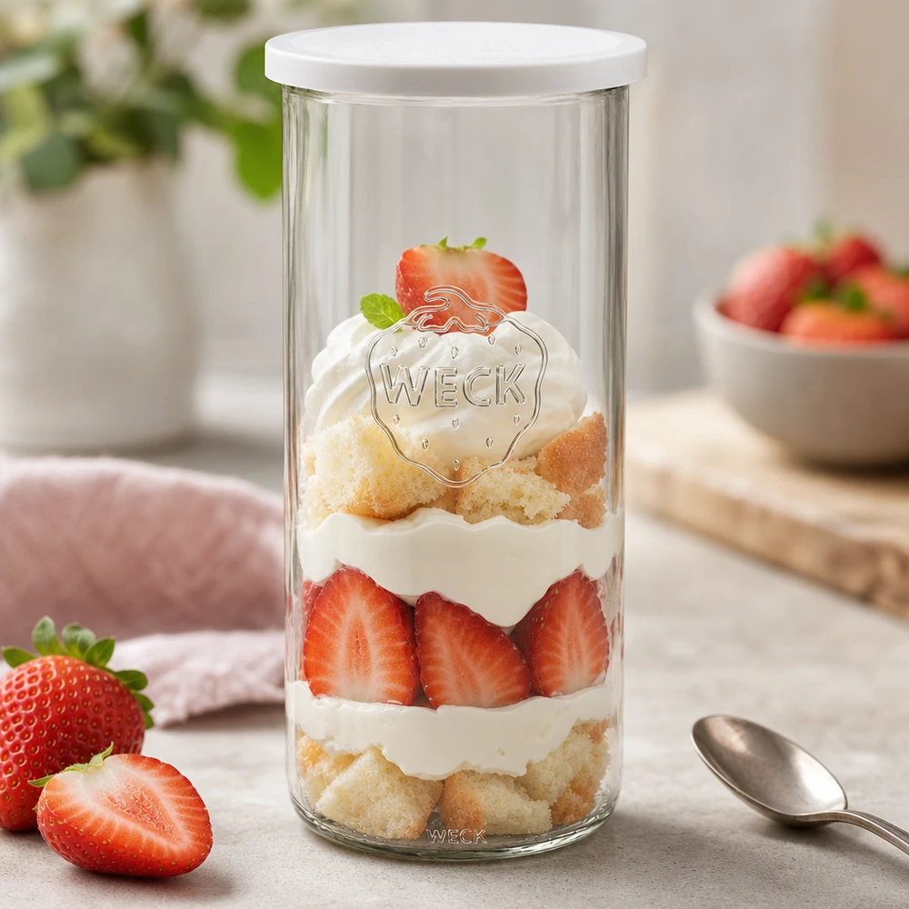 1500ml tumblery s čerstvým víčkem WECK RR100 WECK Sturzglas 1500ml RR100 mit Erdbeerdessert gefüllt zeigt vielseitige Verwendung als Dessertteller mit Löffel