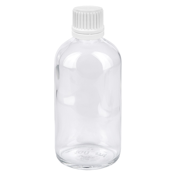 100ml lahvička s kapátkem 0,7mm bílá s uzávěrem proti neoprávněné manipulaci ClearLine UT18/100 Zylindrische 100ml Tropfflasche aus klarem Glas mit weißem Sicherheitsverschluss UT18