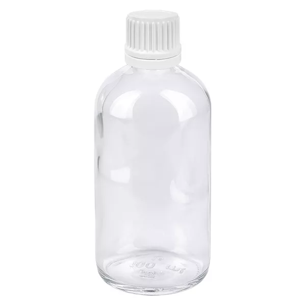 100ml lahvička s kapátkem 0,7mm bílá s uzávěrem proti neoprávněné manipulaci ClearLine UT18/100 Zylindrische 100ml Tropfflasche aus klarem Glas mit weißem Sicherheitsverschluss UT18