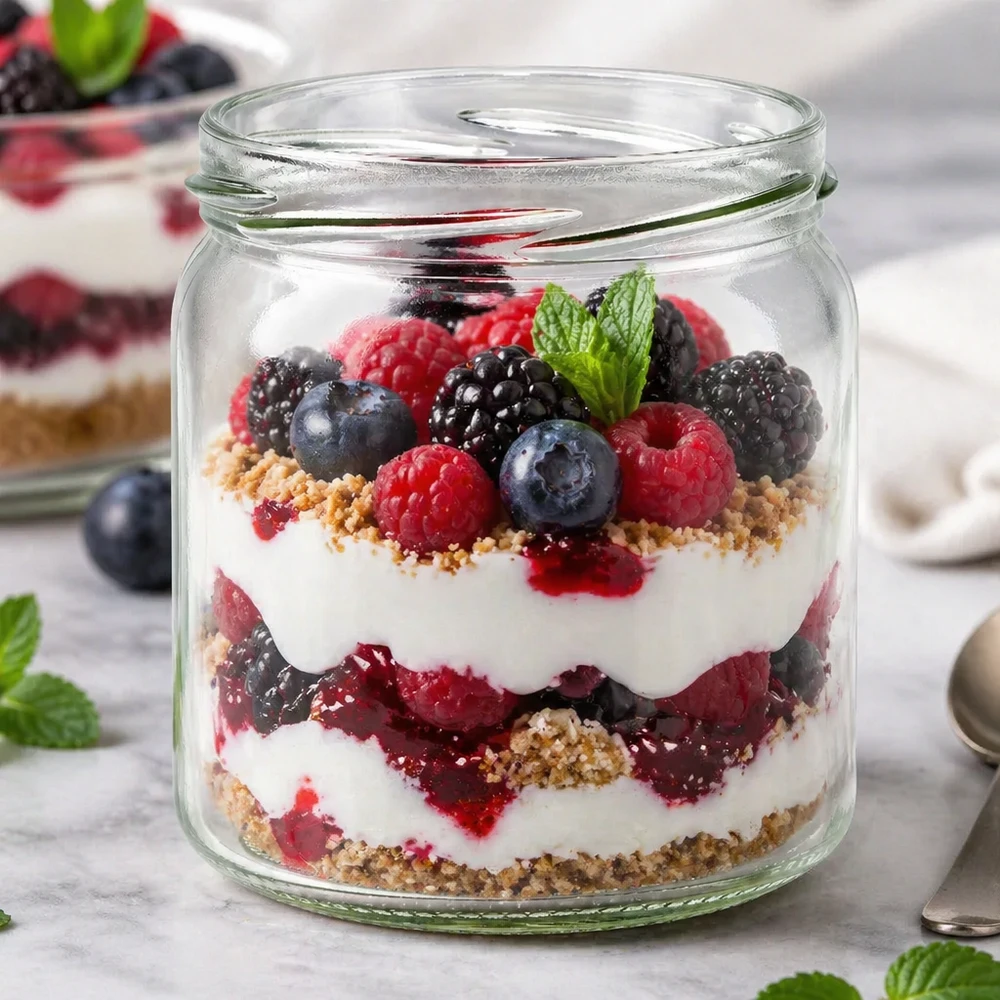 Kulatá sklenice o objemu 408 ml bez víčka (TO82) UNiTWIST UNiTWIST Runda408 Rundglas 408ml als Dessertglas mit Beeren-Joghurt-Schichtdessert zeigt vielseitige Anwendung