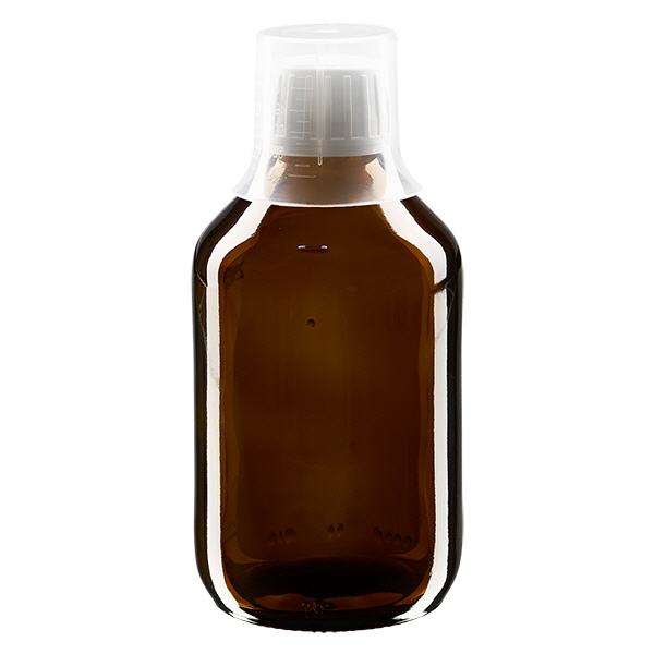 250ml lahvička na léky hnědá, uzávěr s pojistkou proti manipulaci s dávkovacím kalíškem 30ml ApoGlas 250ml lahvička na léky hnědá, uzávěr s pojistkou proti manipulaci s dávkovacím kalíškem 30ml ApoGlas