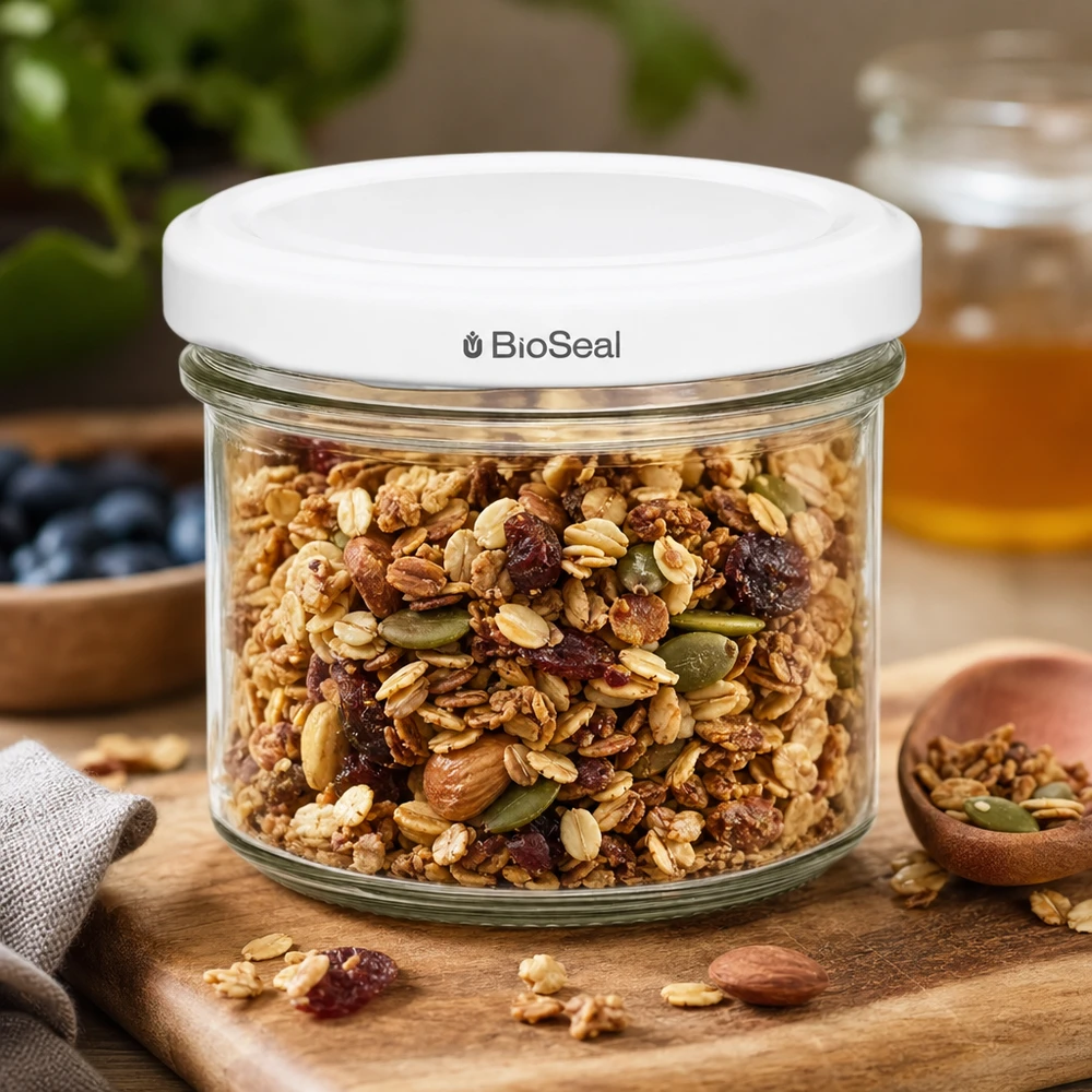 UNiTWIST Sturzglas 125ml Müsli Nüsse Trockenfrüchte Vorratsglas TO66 BioSeal Deckel weiß Holzbrett Küche
