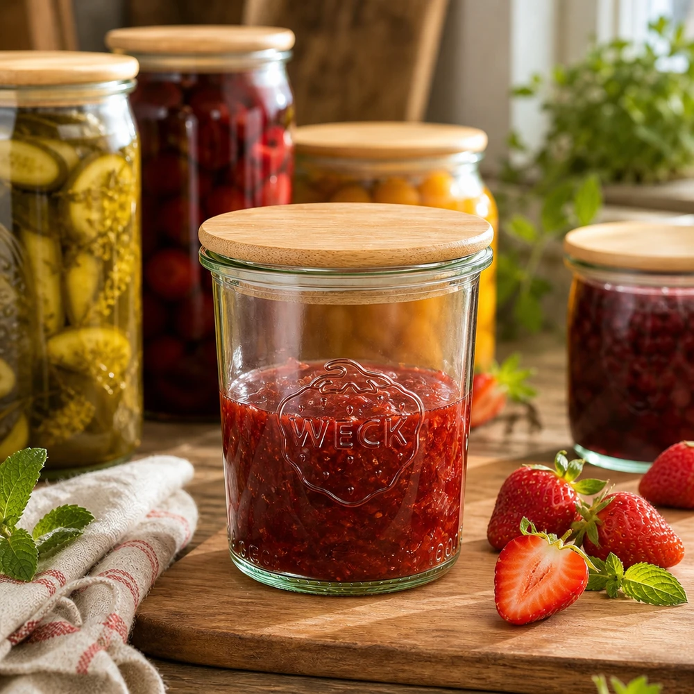 WECK Sturzglas 160ml RR60 Erdbeermarmelade selbstgemacht Einkochen Konservieren Holzdeckel nachhaltige Küche
