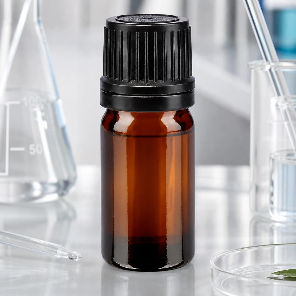 Lékárenská láhev hnědá 5ml šroubovací uzávěr černý nalévací kroužek nedovolená manipulace s uzávěrem. 5ml Braunglasflasche ApoGlas mit schwarzem Manipulationssicherungsverschluss 8mm Hals