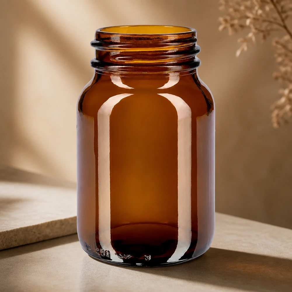 250ml láhev se širokým hrdlem jantarové sklo s uzávěrem Kompakte 250ml Weithalsflasche in Braun für professionelle Abfüllung geeignet