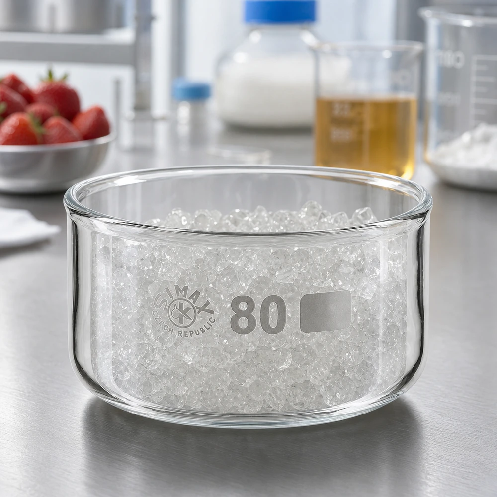 Krystalizační miska 150ml bez výlevky borosilikátová ø80mm Robuste Glasschale für chemische Analyse 150ml ø80mm mit körnigem Inhalt Laborumgebung