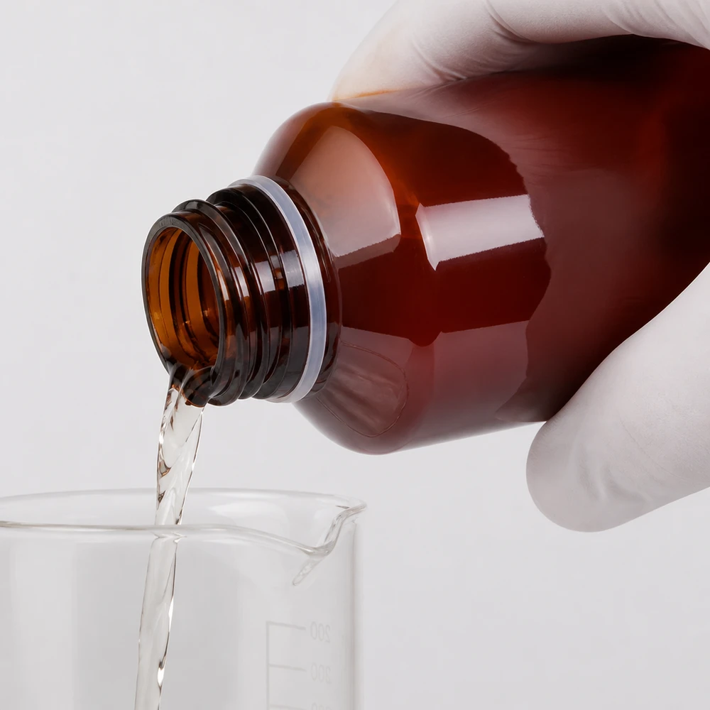 Jantarově zbarvená plastová láhev o objemu 200 ml s rýhovaným bílým bezpečnostním uzávěrem se vyprázdňuje