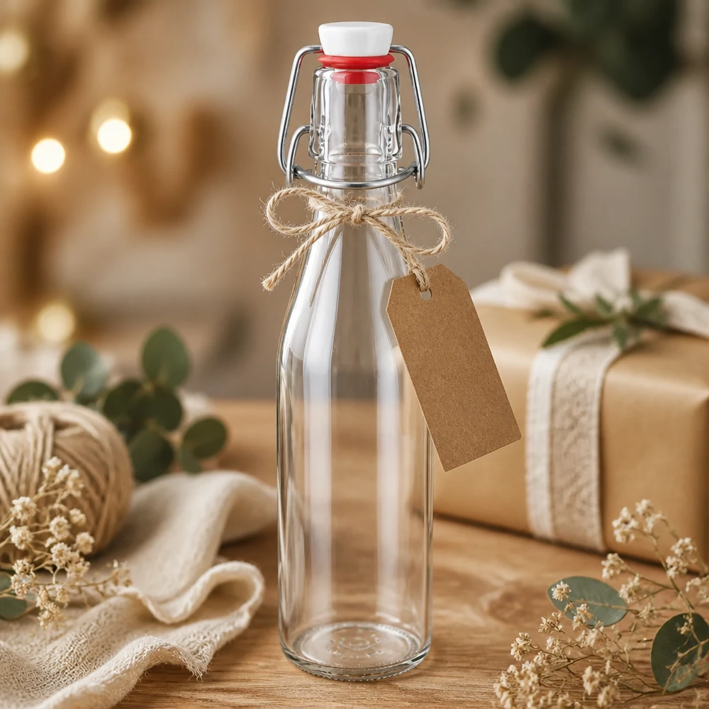 250ml skleněná láhev + výkyvný vršek PVC UNiTWIST Glasflasche 250ml mit Bügelverschluss als Geschenk dekoriert, Kraftpapier-Anhänger und Juteschnur, festliche Präsentatio