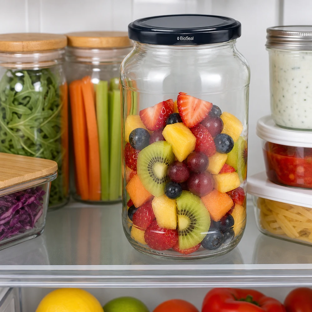 Kulatá nádoba o objemu 1062 ml s černým víkem UNiTWIST BioSeal. UNiTWIST Rundglas 1062 mit schwarzem TO82 BioSeal Deckel gefüllt mit Obstsalat im Kühlschrank Frischhaltung