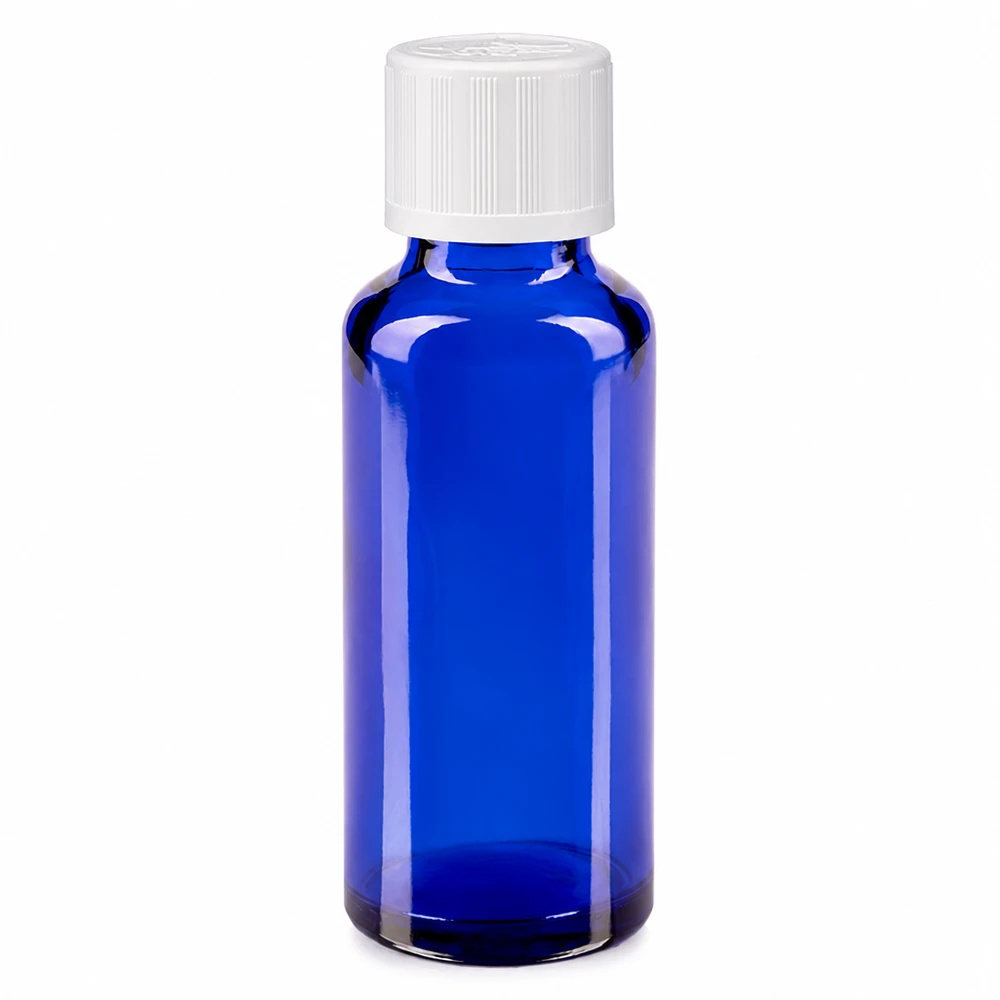 Blaue 30ml Pharmaglasflasche mit weißem kindersicherem Standardverschluss 11mm