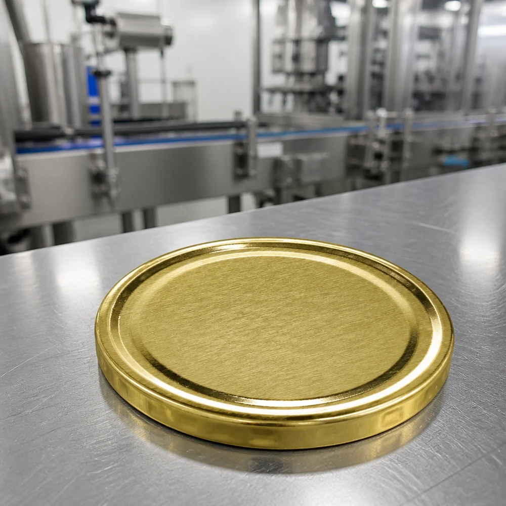 70mm víčko BasicSeal, zlaté, TO70, UNiTWIST – detailní pohled na nerezový povrch v plnicí lince