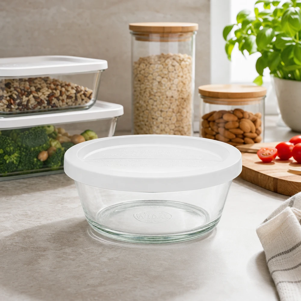 Gurmánská sklenice o objemu 300 ml s čerstvým víčkem. WECK RR120 WECK RR120 Gourmetglas 300ml leer auf Küchenarbeitsplatte zwischen anderen Aufbewahrungsbehältern Lifestyle-Aufnahme
