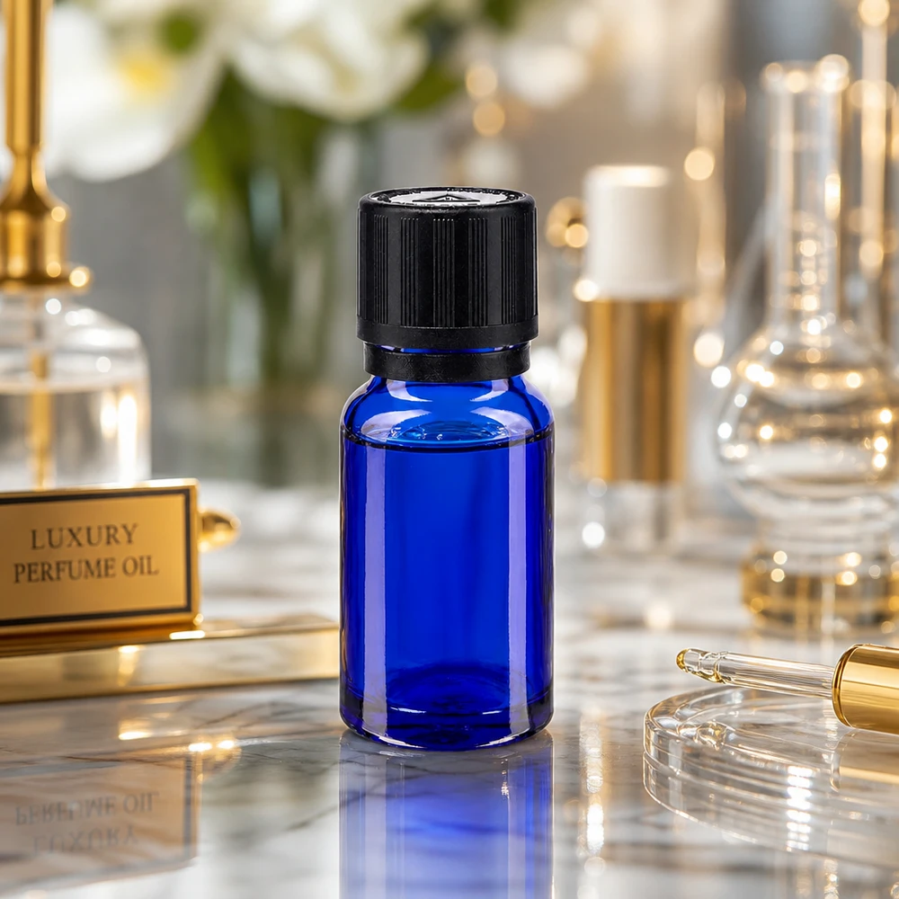 Lékárenská lahvička modrá 10ml kapací uzávěr nalévací kroužek 1mm černý dětský bezpečnostní zámek slepý výstražný symbol tamper evident uzá 10ml blaue Dropper-Flasche aus UV-Schutzglas mit schwarzem KiSi-Schraubverschluss 1mm Einsatz