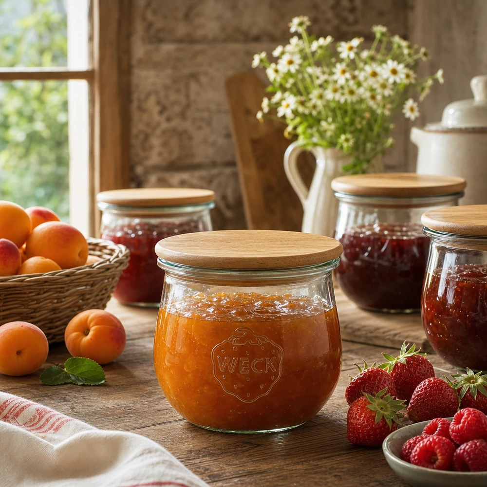 WECK Tulpenglas 370ml RR80 gefüllt mit Aprikosenmarmelade neben frischen Früchten in rustikaler Küche