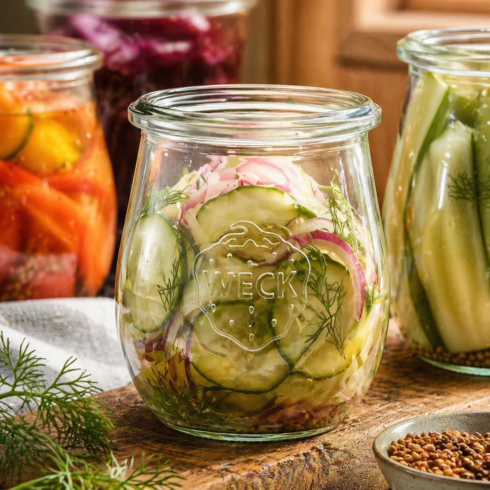 WECK Tulpenglas 220ml RR60 mit eingelegten Gurken und Dill gefüllt neben bunten Einmachgläsern Konserven Küche