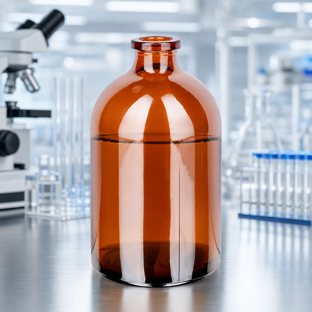 Injekční lahvička z jantarového skla 100ml Sterile Braunglas-Injektionsflasche 100ml für Infusionslösungen vor professioneller Laborausstattung