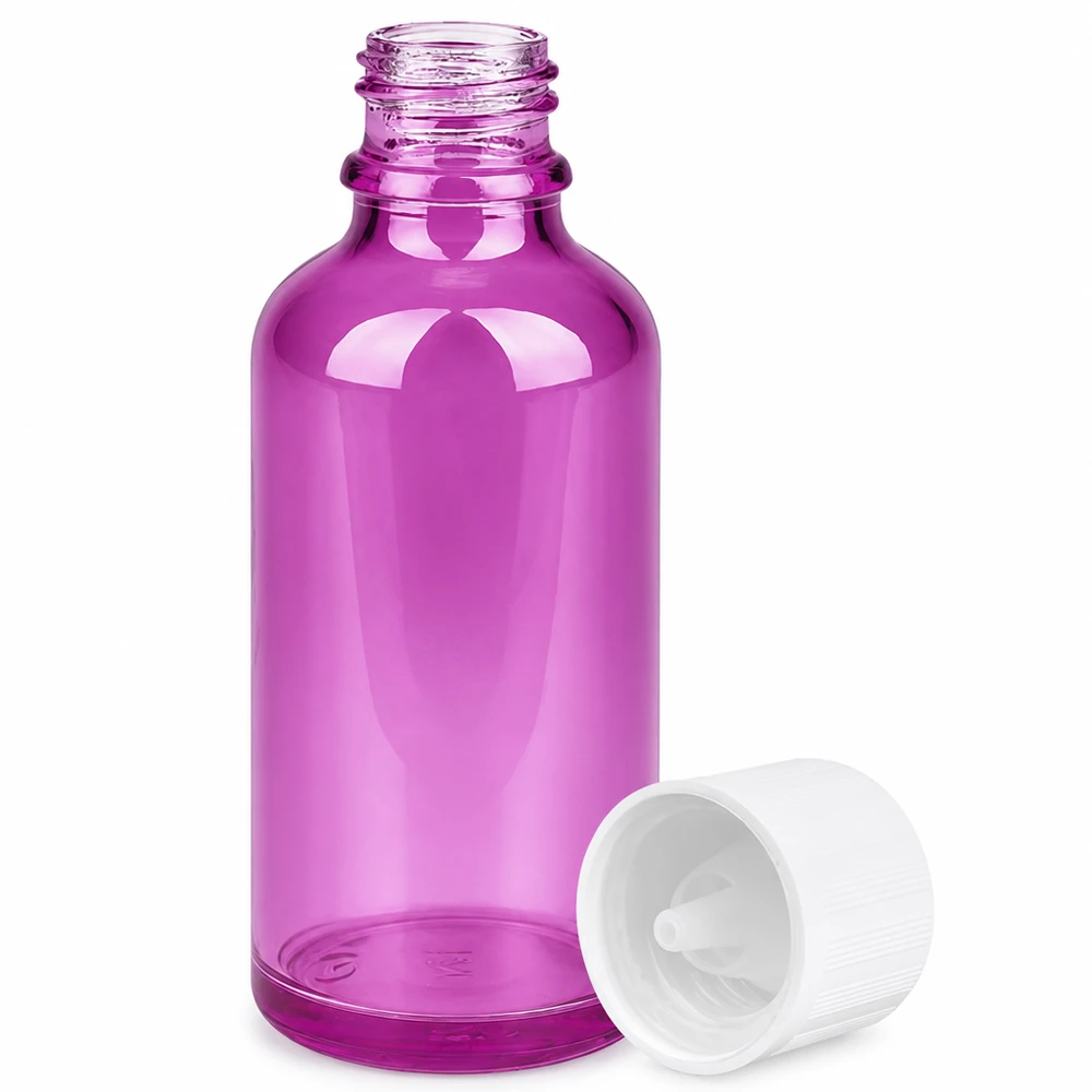 Handliche 50ml Flasche in violett mit Standard-Gewinde UT18 für präzise Tropfendosierung