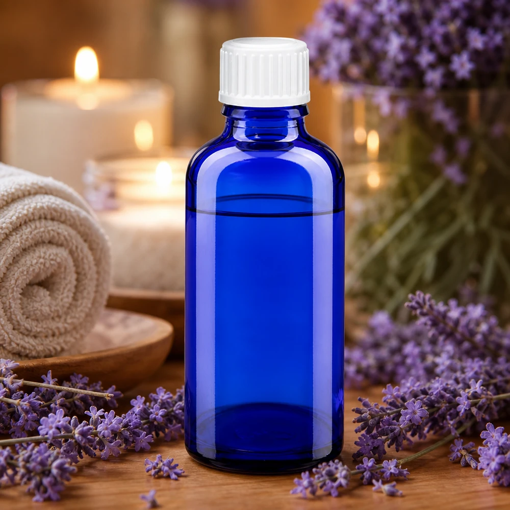 Lékárenská láhev modrá 50ml šroubovací uzávěr bílý Globuli Standard Zylindrische kobaltblaue 50ml Glasflasche mit weißem Schraubverschluss für Öle und Essenzen