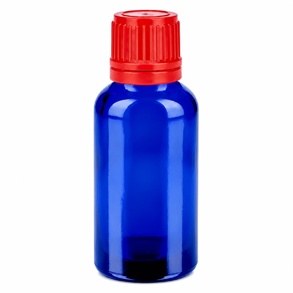 30ml láhev 11mm šroubovací uzávěr červený uzávěr s ochranou proti manipulaci BlueLine UT18/30 Premium Tropfflasche 30ml cobaltblau mit UV-Schutz und auslaufsicherem roten Verschluss