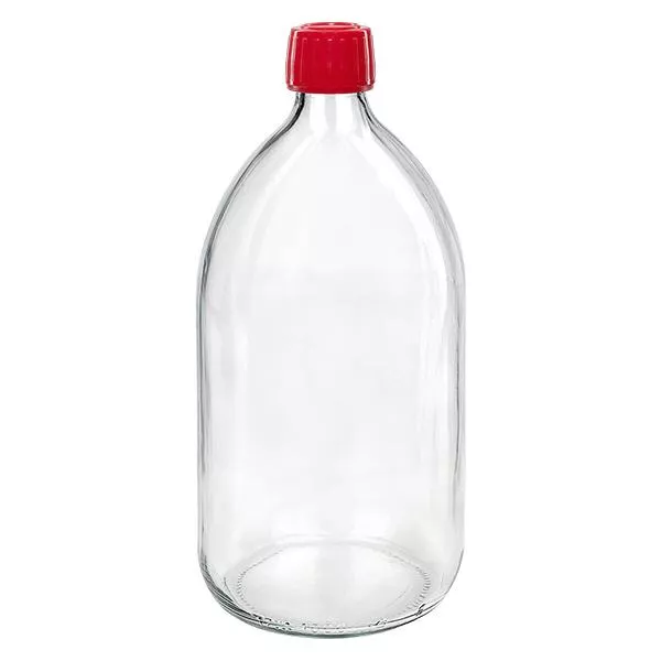 1000ml lahvička na léky čirá, červený uzávěr s tamper-evidentním kroužkem ApoGlas 1000ml lahvička na léky čirá, červený uzávěr s tamper-evidentním kroužkem ApoGlas