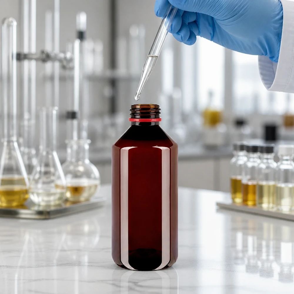 PET láhev 1000ml s bílým/červeným uzávěrem s ochranou proti manipulaci. Láhev na chemikálie 1000 ml, hnědá, z PET, s originálním uzávěrem v červené a bílé barvě, pro laboratorní použití
