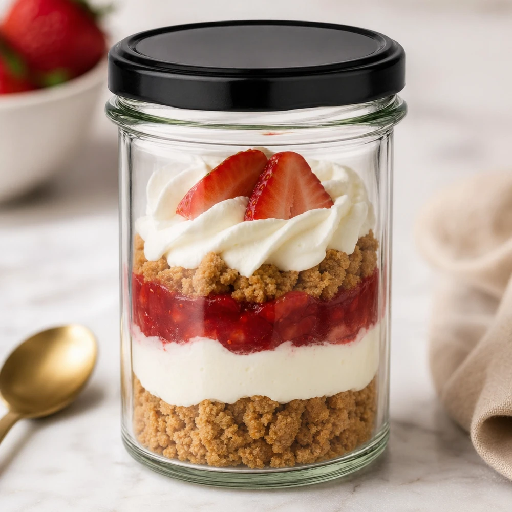 230ml tumblery s víčkem BasicSeal černé UNiTWIST. 230ml Sturzglas mit schwarzem Deckel als Dessertglas für Schichtnachtisch mit Erdbeeren Sahne und Keksboden
