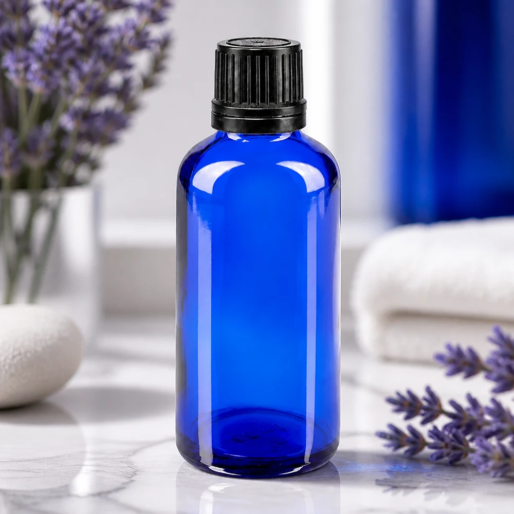 Lékárenská láhev modrá 50ml šroubovací uzávěr černý nalévací kroužek tamper evident uzávěr. Runde blaue Tropfflasche 50ml aus Apothekenglas mit schwarzem Schraubdeckel und Lavendeldeko