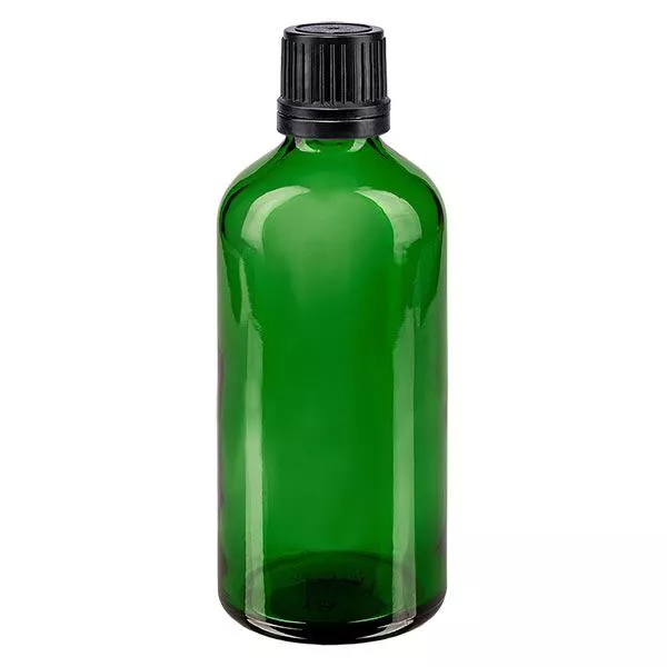 Lékárenská láhev zelená 100ml kapátko uzávěr prémiový 1mm černý tamper-evidentní uzávěr.