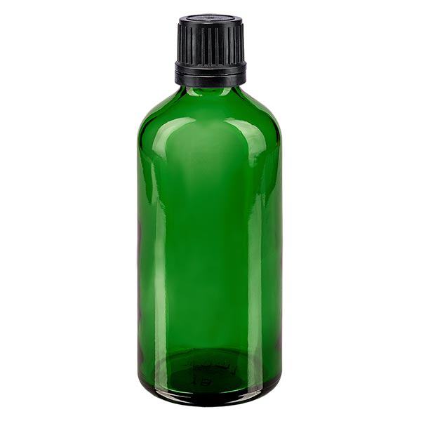 Lékárenská láhev zelená 100ml kapátko uzávěr prémiový 1mm černý tamper-evidentní uzávěr. Lékárenská láhev zelená 100ml kapátko uzávěr prémiový 1mm černý tamper-evidentní uzávěr.