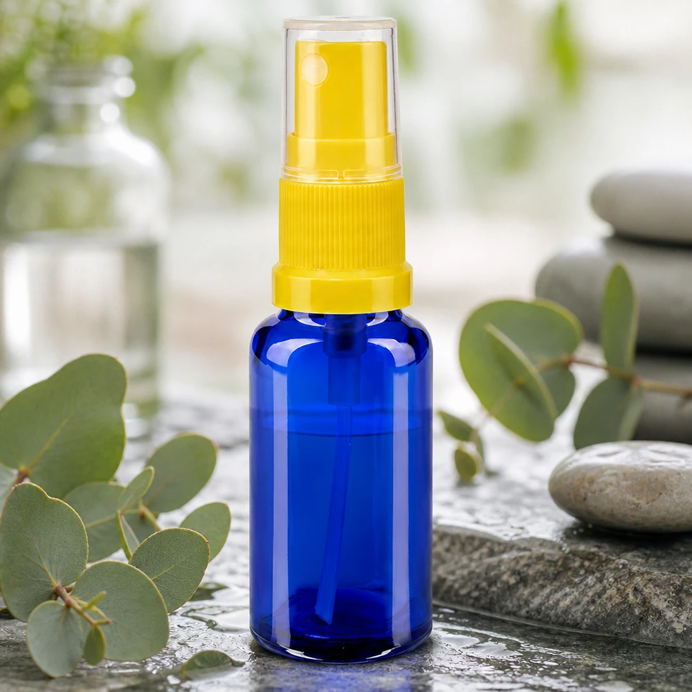 Medizinische Kleinstflasche 20ml Blauglas Zerstäuber gelb für ätherische Öle und Kosmetik