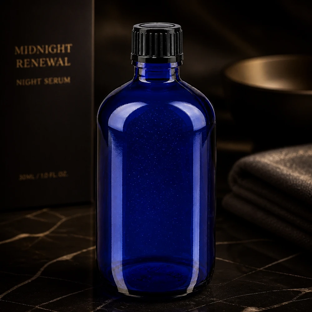 Lékárenská láhev modrá 100ml kapátko uzávěr 1mm černý standardní Apothekerglasflasche 100ml in Kobaltblau mit schwarzem Deckel auf dunkler Marmoroberfläche
