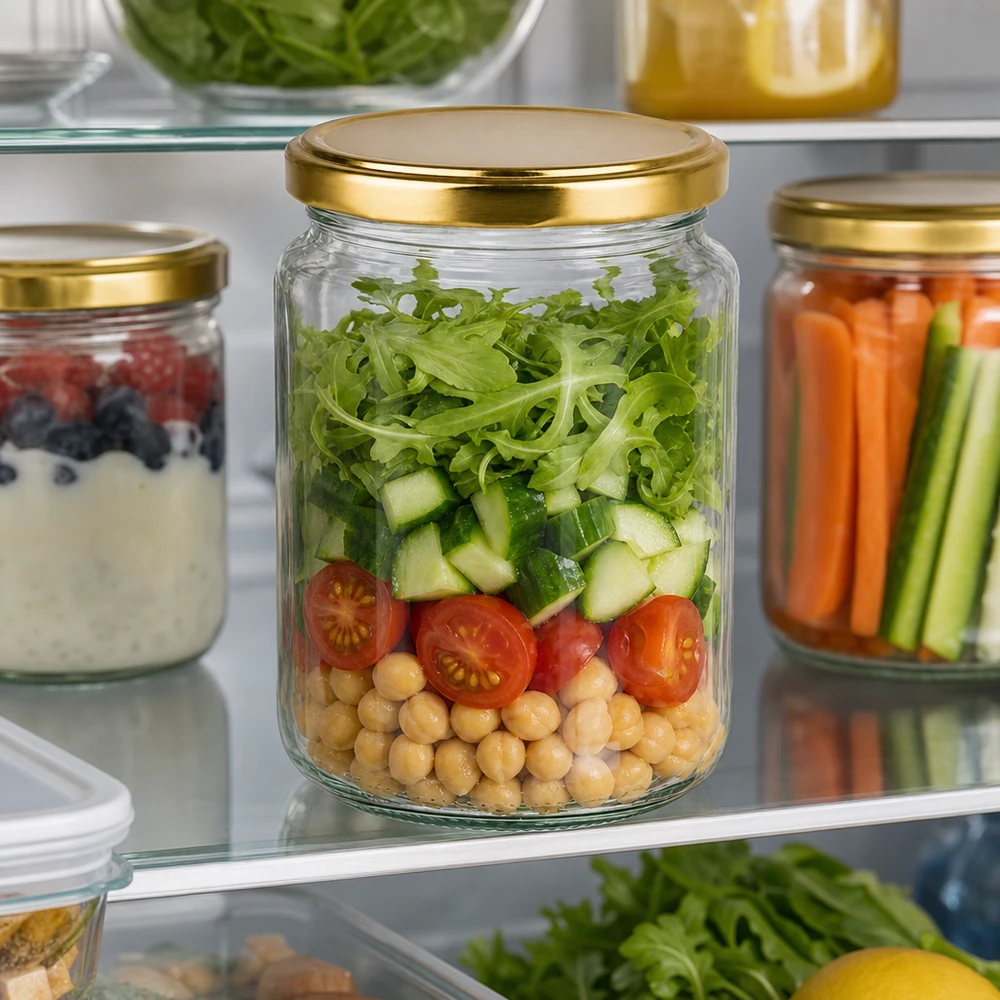382ml kulatá sklenice s víčkem BasicSeal zlatá UNiTWIST 382ml Rundglas mit goldenem Deckel für frische Salate im Kühlschrank - perfekte Meal Prep Aufbewahrung