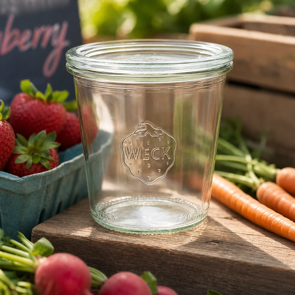 WECK Sturzglas 290ml RR80 leer auf Holzbrett mit frischen Erdbeeren Karotten und Radieschen für natürliche Lebensmittela