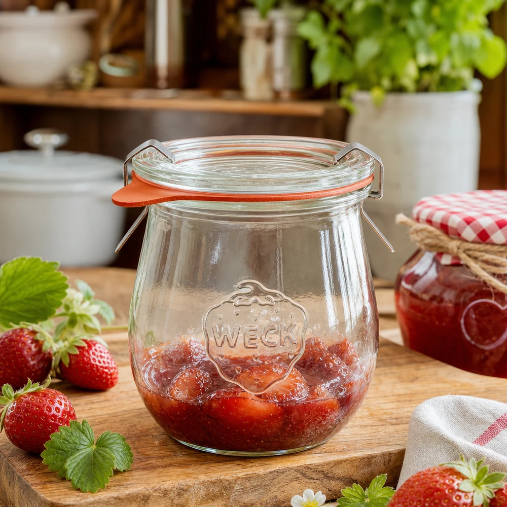 220ml tulipánová sklenice s kompletní svěžestí WECK RR60 WECK Tulpenglas 220ml mit Erdbeermarmelade befüllt auf Holzbrett in gemütlicher Küche mit frischen Erdbeeren