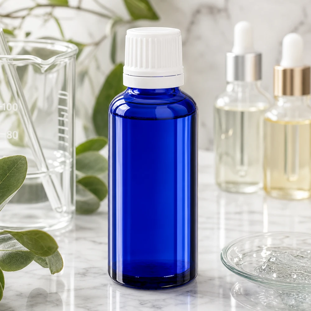 Lékárenská lahvička modrá 30ml kapací uzávěr 1,2mm bílý uzávěr chráněný proti manipulaci. Blaue Glasflasche 30ml mit weißem Tropfaufsatz zur Abfüllung von Naturkosmetik und Ölen