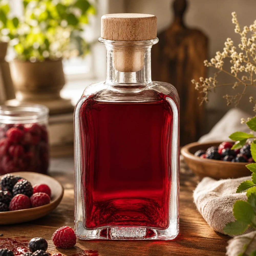 200ml Glasflasche Clara mit rotem Beerensaft befüllt rustikale Küchendeko mit frischen Beeren natürlicher Holzkorken