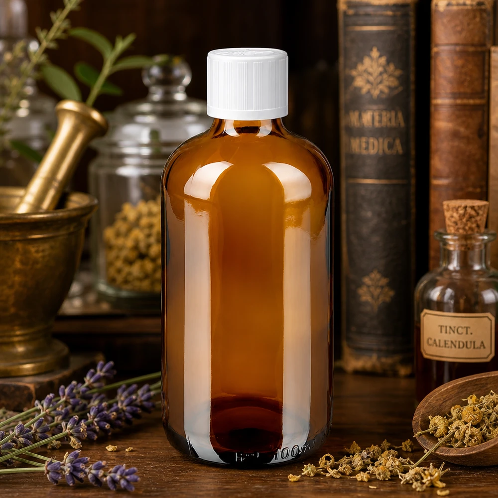 Lékárenská láhev hnědá 100ml šroubovací uzávěr bílý standard odolný proti otevření dětmi. 100ml Braunglasflasche Apothekenstandard mit Kamillenblüten und Lavendel naturheilkundlich