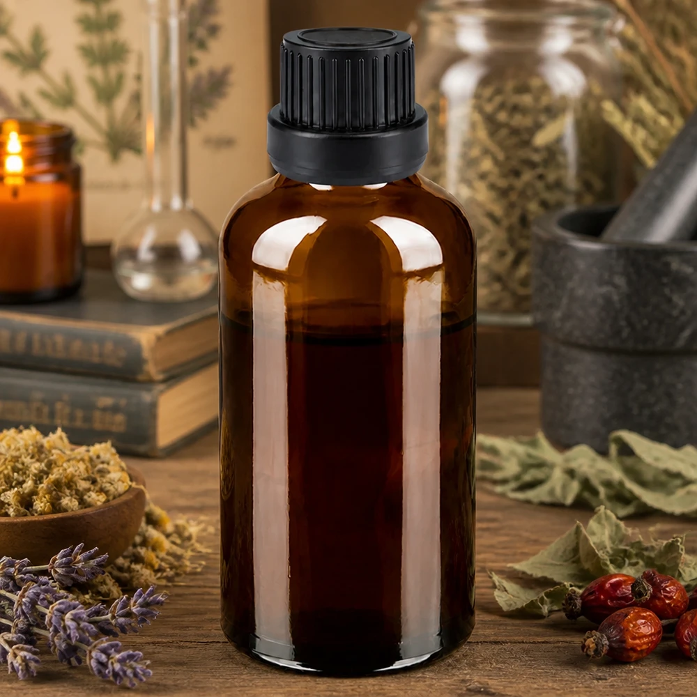 50ml lahvička s kapátkem 2mm černá tamper-evidentní uzávěr BrownLine UT18/50 50ml Braunglasflasche mit 2mm Tropföffnung ideal für Aromatherapie und Naturkosmetik
