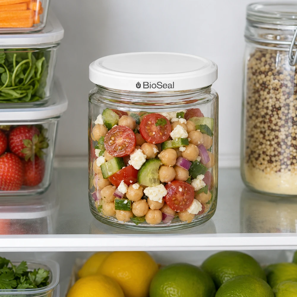 250ml Honigglas mit BioSeal Deckel in Kühlschrank mit Kichererbsensalat gefüllt zwischen Vorratsbehältern mit Obst