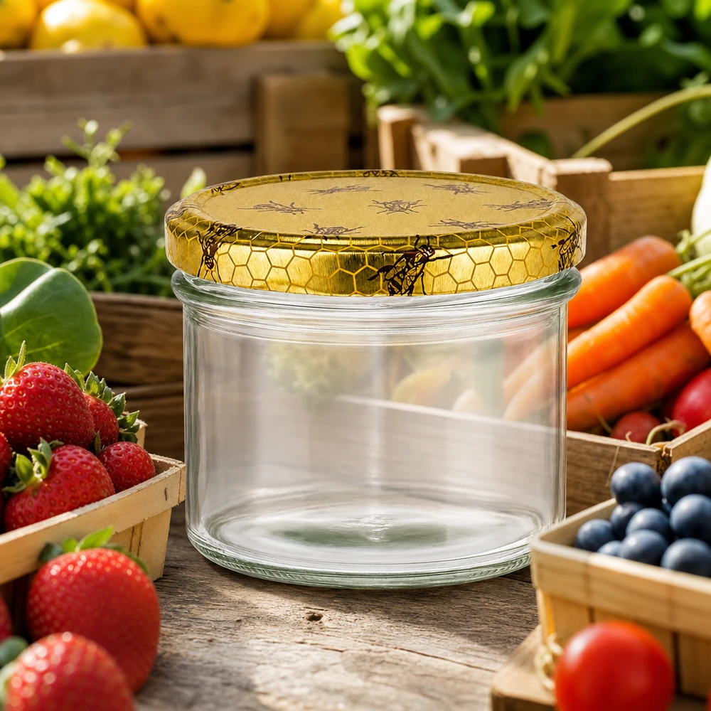 225ml Sturzglas leer mit Bienenwaben-Deckel umgeben von frischen Früchten Gemüse rustikale Küche Einmachglas