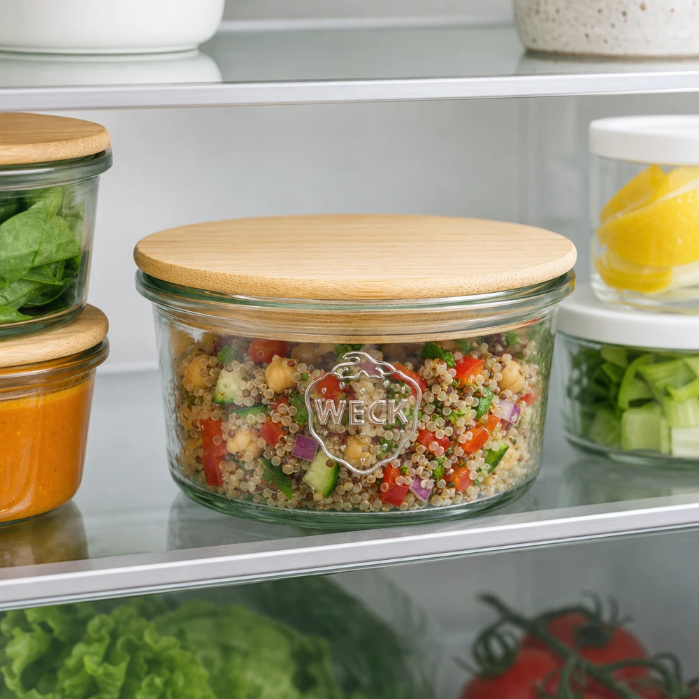 WECK Glas RR80 165ml mit Bambusdeckel zur Meal-Prep-Organisation im Kühlschrank mit Quinoa-Salat gefüllt