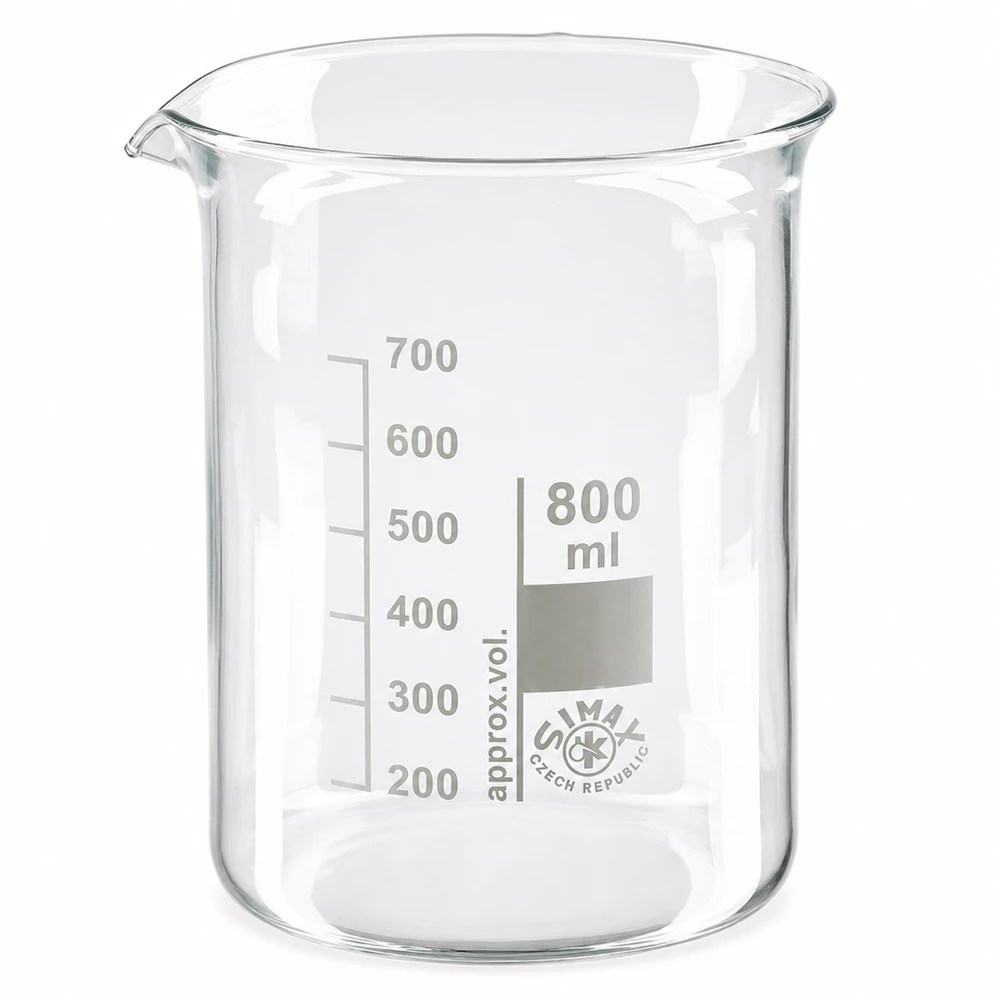 Kádinka 800 ml z borosilikátového skla, nízký tvar Laborbecherglas 800ml Fassungsvermögen aus temperaturbeständigem Borosilikatglas mit Skala