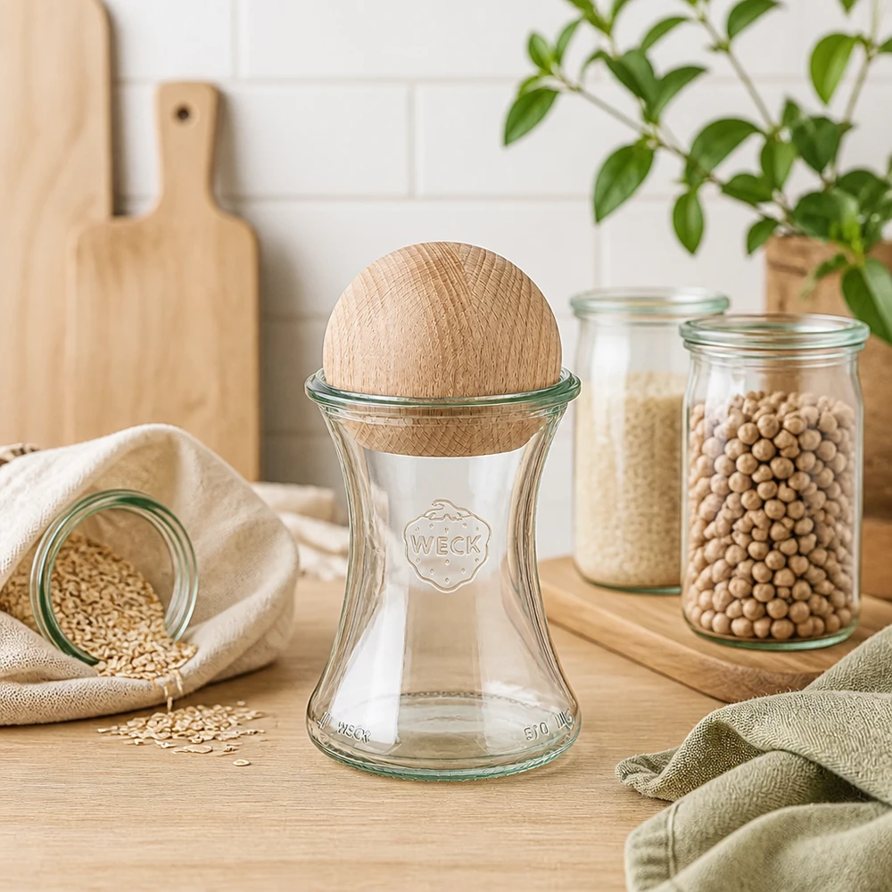 370ml sklenice na lahůdky WECK RR80 s dřevěnou kuličkou buk WECK Einmachglas 370ml RR80 Holzkugel Buche Küche Hülsenfrüchte Getreide nachhaltige Aufbewahrung Vorratsdosen
