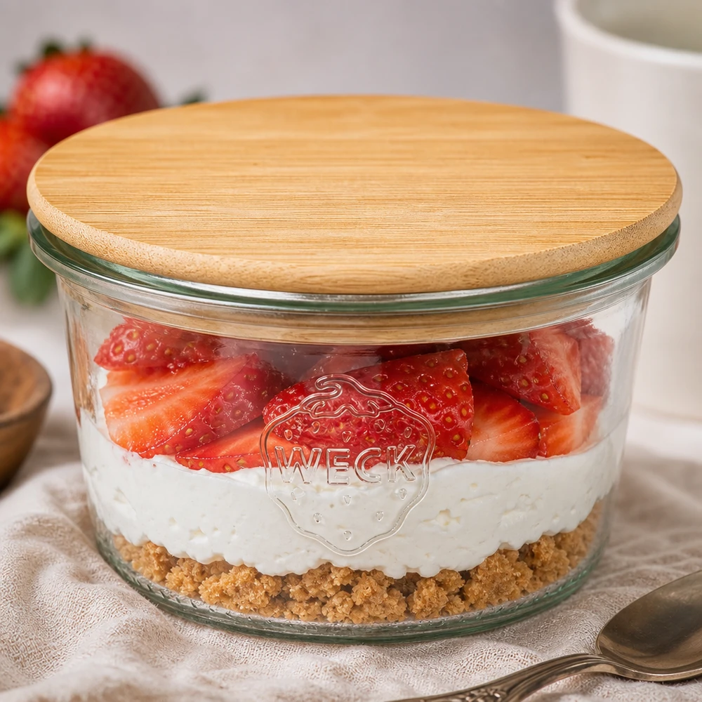 WECK Glas 80ml RR60 Bambusdeckel Schichtdessert Erdbeeren Joghurt Keksboden Portion einzeln servieren