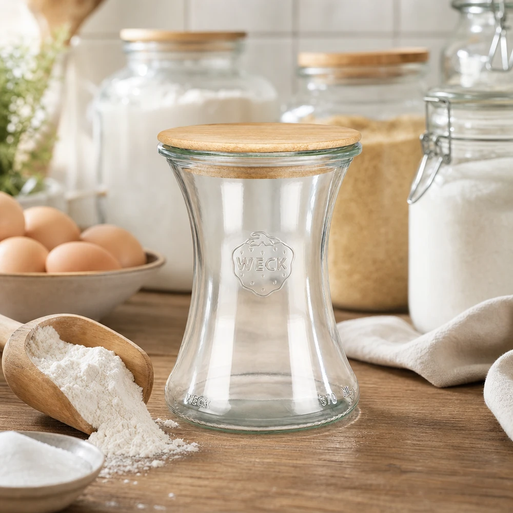 WECK Delikatessenglas 370ml RR80 mit Holzdeckel auf Holzarbeitsplatte neben Mehl Eiern und Backzutaten in Küche