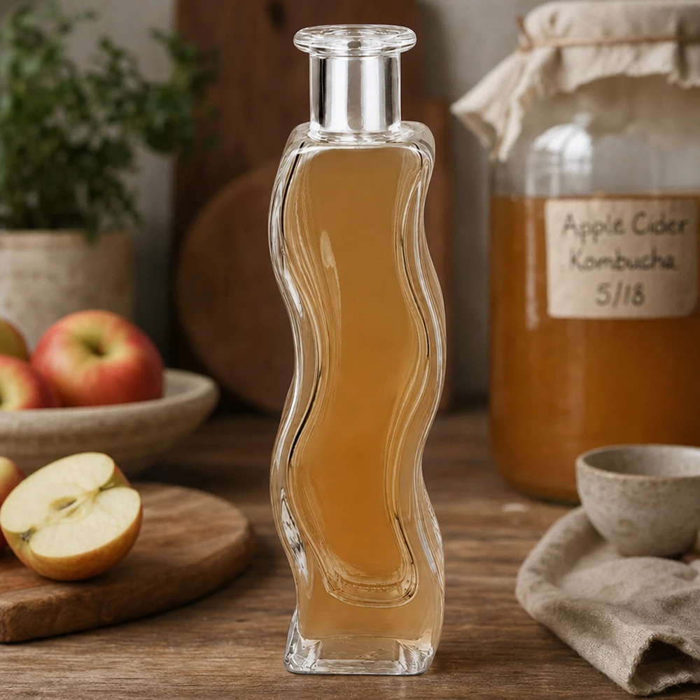 Glasflasche Melissa 100ml mit Apfelessig gefüllt in natürlicher Küche mit frischen Äpfeln und Kombucha-Glas