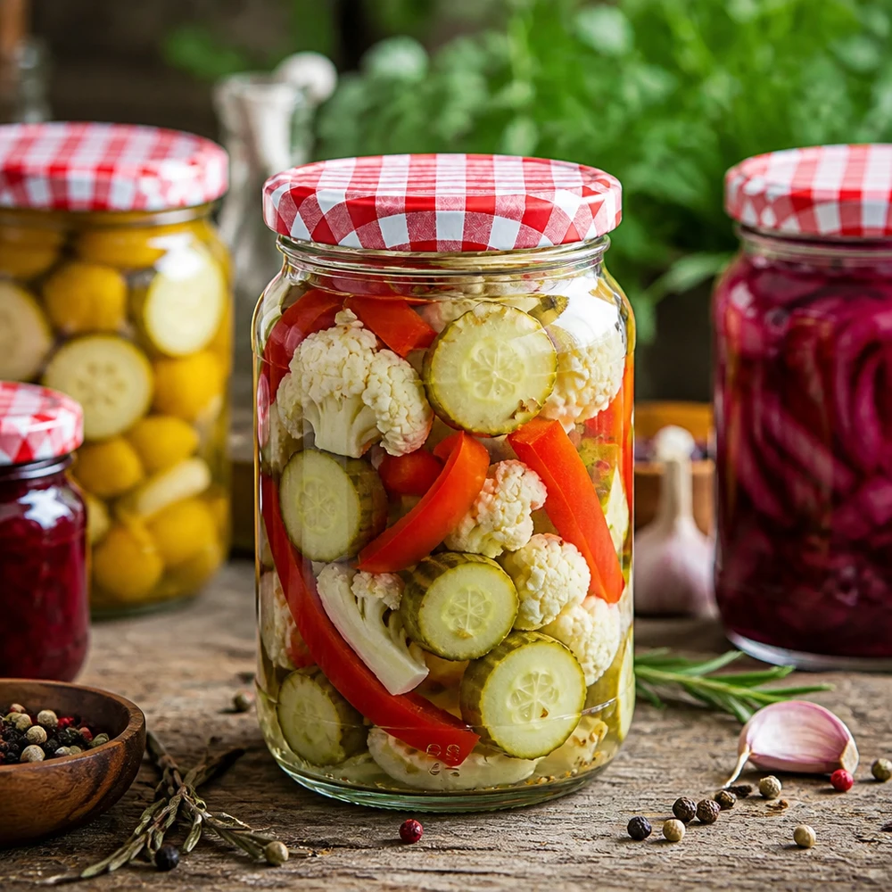 1062ml Rundglas BasicSeal Deckel mit eingelegtem Mischgemüse Cauliflower Gurken Paprika Konservenglas Fermentation