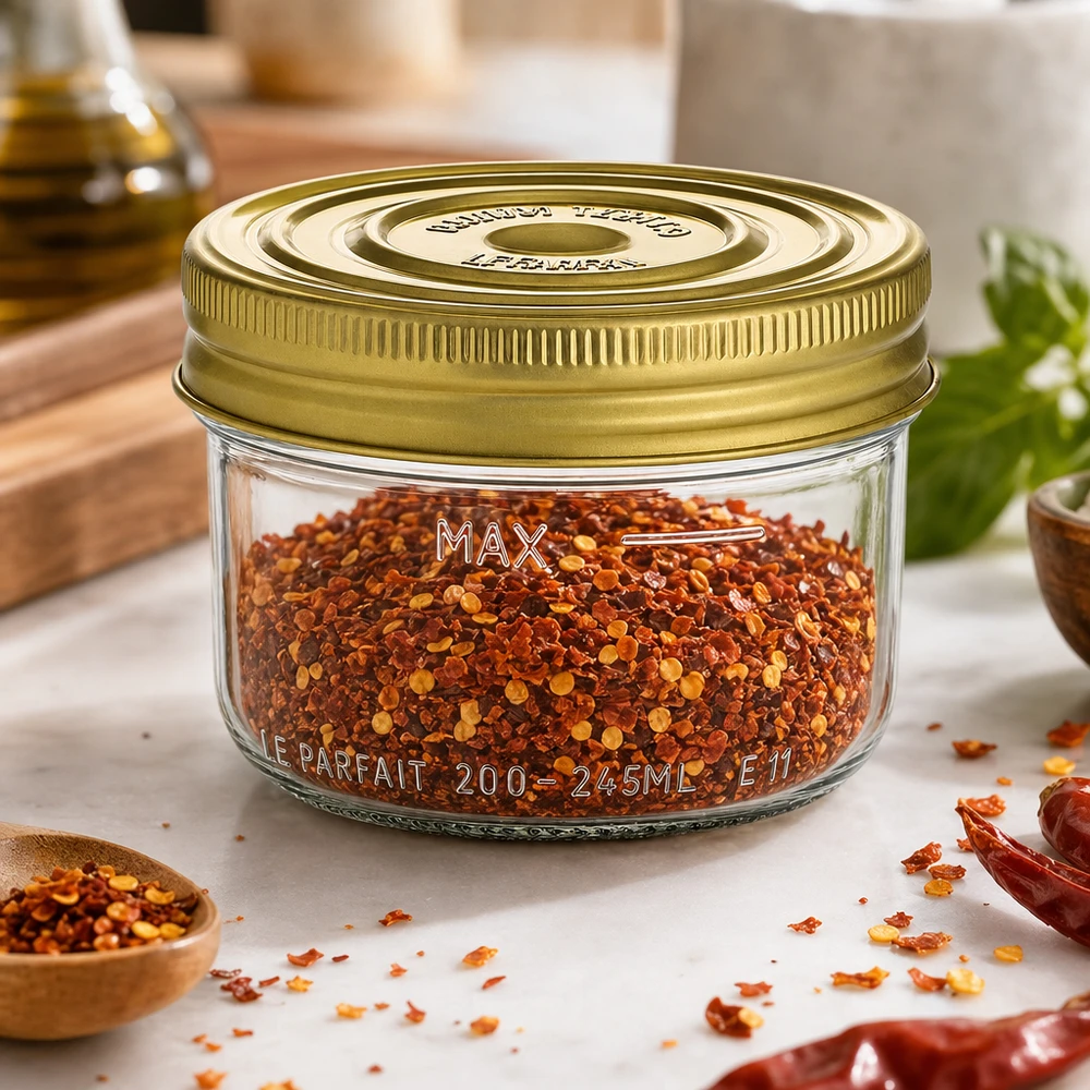 245ml Sturzglas Familia Wiss mit goldenen Deckel gefüllt mit roten Chili Flocken auf Küchentisch mit Gewürzen